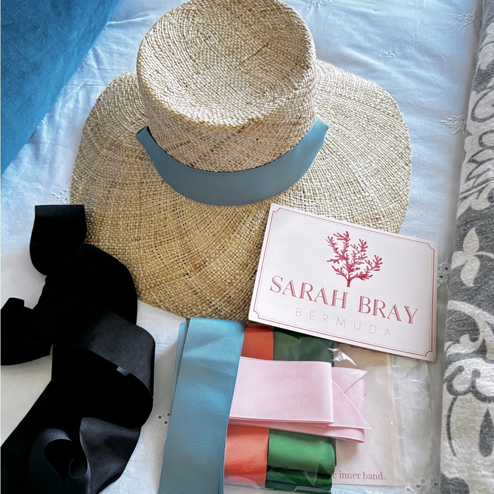 Sarah Bray with cornflower blue ribbon sun hat